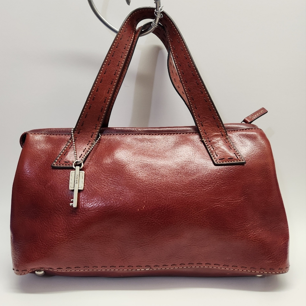 Fossil Vintage Handbag Satchel Red Bro Burgundy Leather Medium  Bag Shiny ZB9095